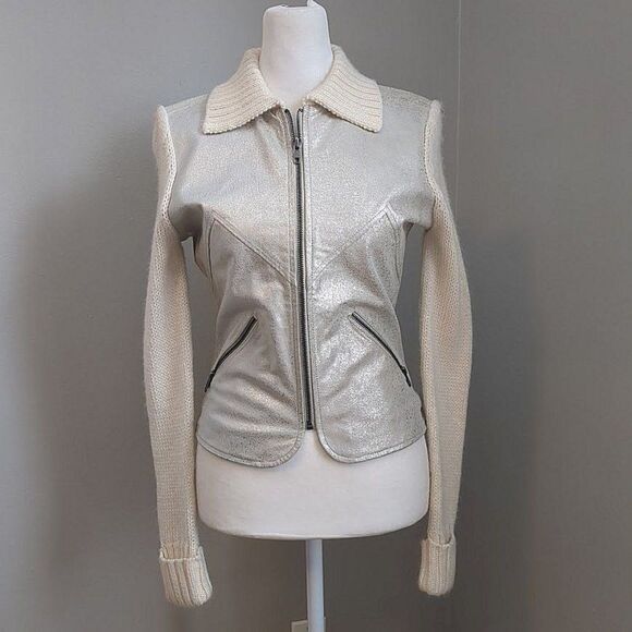 Phosphorus Leather Jacket Knit Sleeves Wool Blend Silver Zippers Size Small - Picture 3 of 12